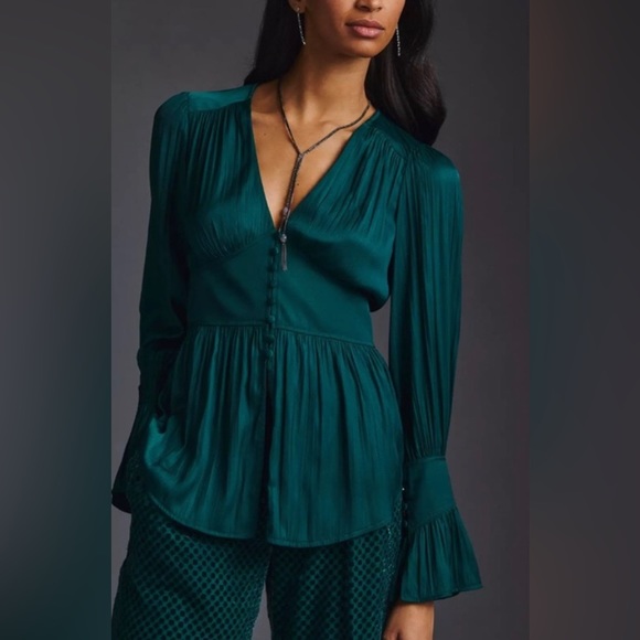 By Anthropologie Deep-V Tunic Button Down Top Green Satin Color Sz. M - Picture 4 of 12